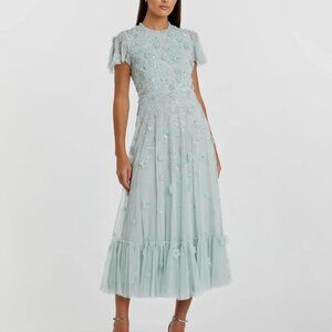 Blue Embellished High Neck Flutter Sleeve A Line Dress